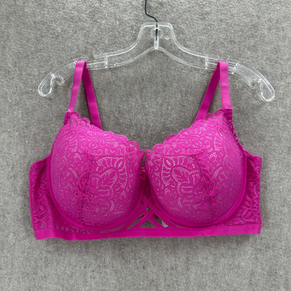 Adored Adore Me Fuchsia Pink Floral Lace Strappy Balconette Bra 40DD Underwire